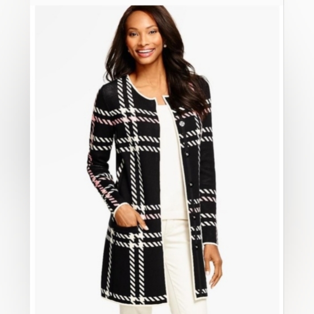 TALBOTS Black Plaid Knit Sweater Coat Snap Front | MP NWOT